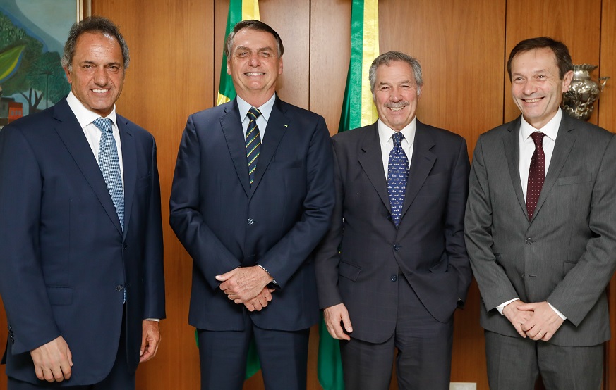 Embajador en Brasil, Daniel Scioli. Presidente Jair Bolsonaro, el Canciller Felipe Solá y el Secretario de Asuntos Estratégicos, Gustavo Beliz